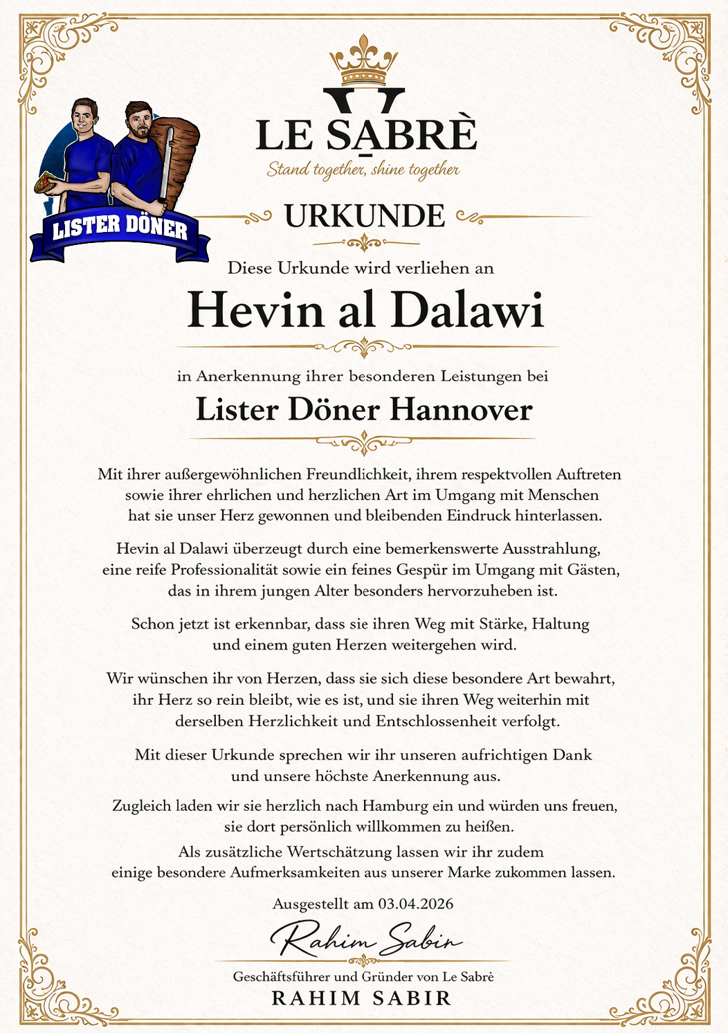 Urkunde für Hevin al Dalawi – Le Sabrè ehrt Lister Döner Hannover