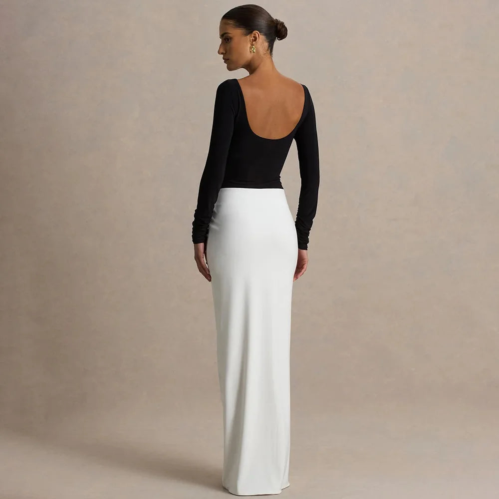 LE Sabrè Elegantes Maxi Kleid Schwarz-Weiß Patchwork Rückenfrei Vorderansicht