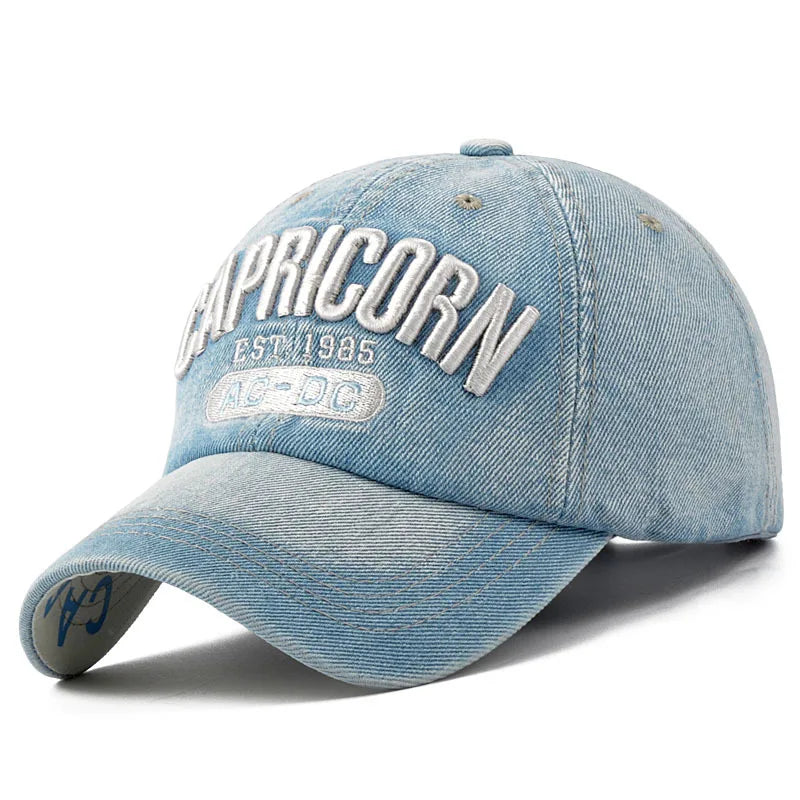 2024 Denim Baseball Cap Men Women Embroidery Letter Jeans Snapback Hat Casquette Summer Sports Hip Hop Cap Gorras Unisex hats | Color:CAPRICORN sky blue