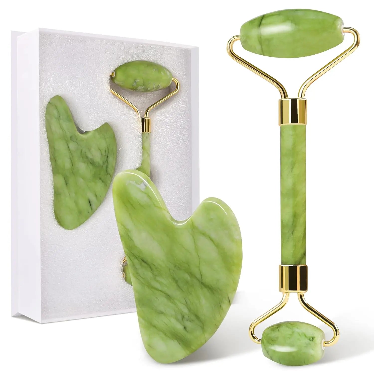 Skin Care Quartz Stone Natural Face Jade Roller Set Cooling Eye Gua Sha Tool Facial Beauty Massage For Face Jade Wheel  Green | Color:Set (with box)