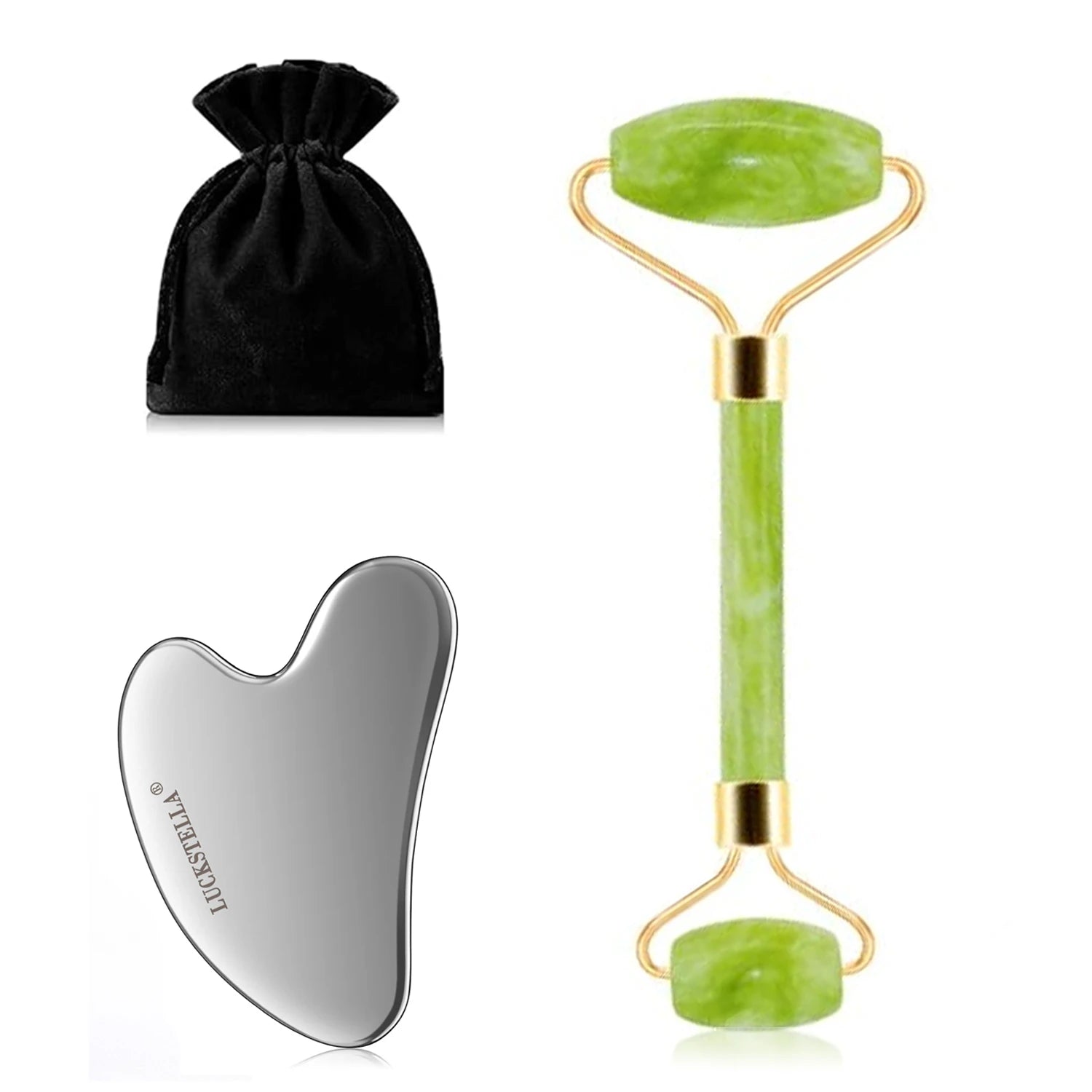 Skin Care Quartz Stone Natural Face Jade Roller Set Cooling Eye Gua Sha Tool Facial Beauty Massage For Face Jade Wheel  Green | Color:3 pieces