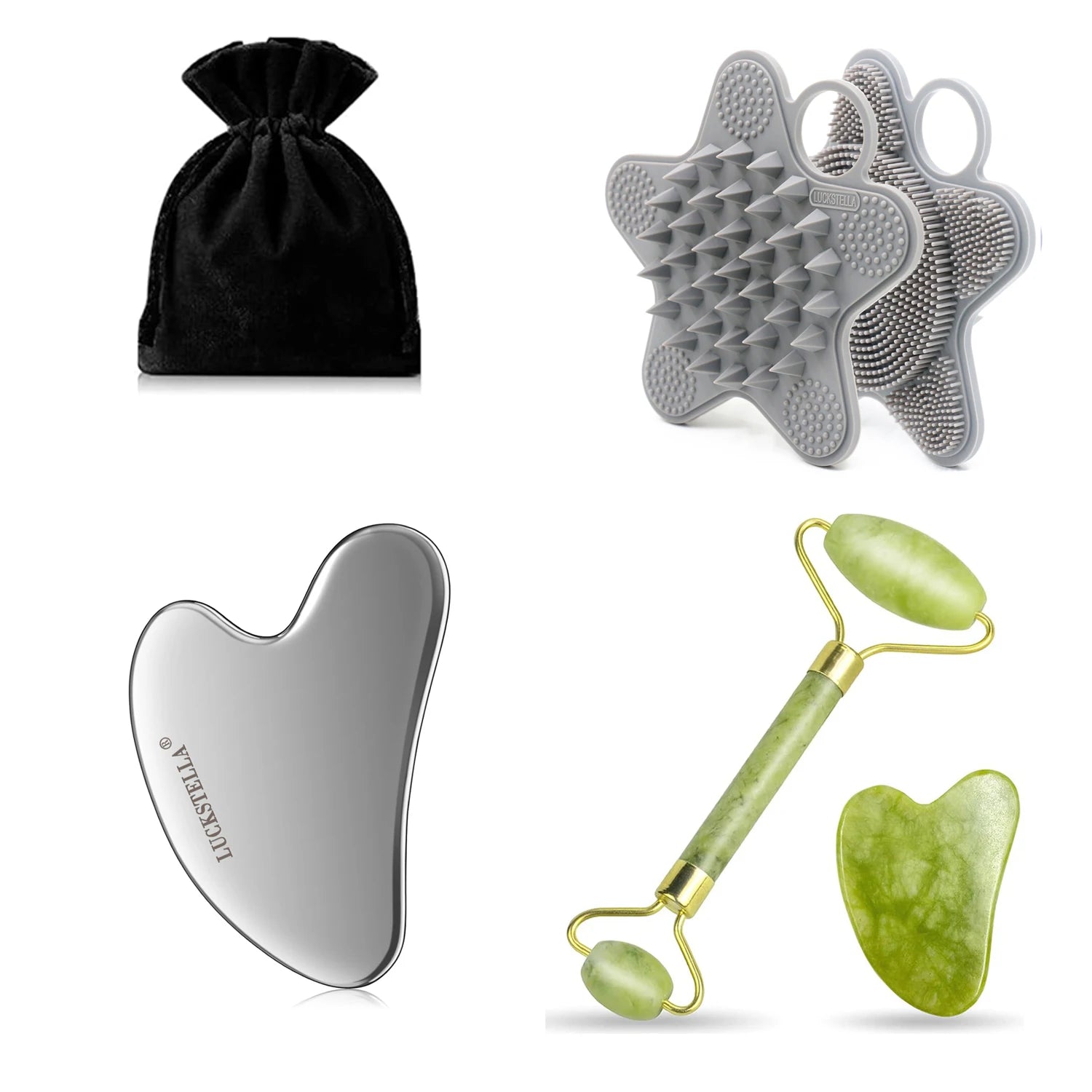 Skin Care Quartz Stone Natural Face Jade Roller Set Cooling Eye Gua Sha Tool Facial Beauty Massage For Face Jade Wheel  Green | Color:4 pieces