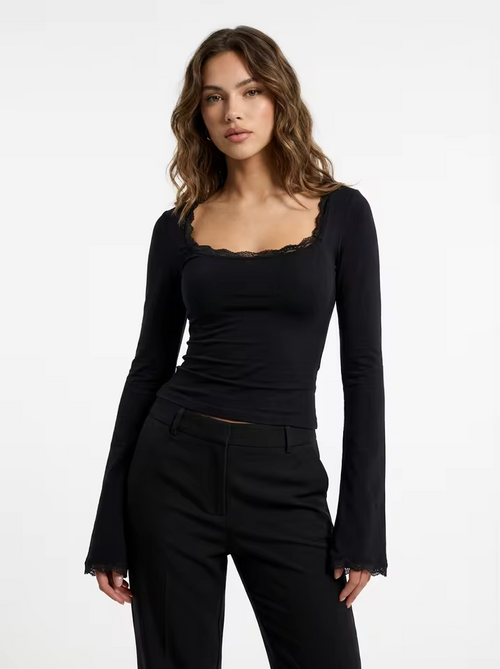 LE Sabrè Spitzen Crop Top Damen Langarm Schwarz Vorderansicht

