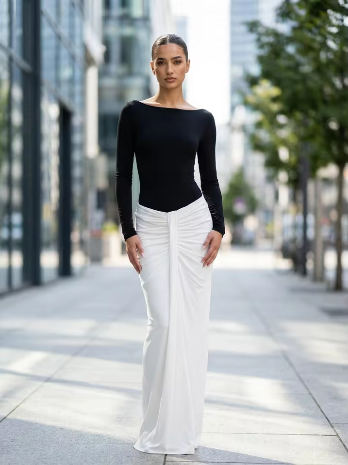 LE SABRÈ Elegantes Abendkleid Maxi Patchwork Nahaufnahme
